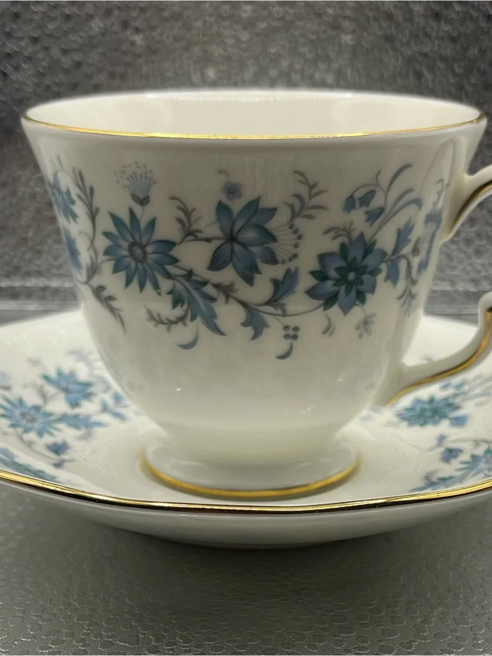 Colclough brand Bone China Teacup & Saucer in Blue Floral with Gold Trim E772